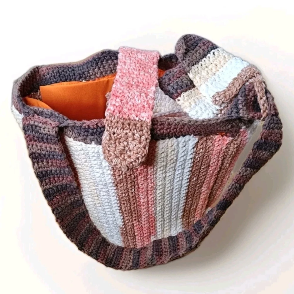 Hippie Boho Hand Crocheted Earthy Striped Bucket Purse W/ Coin Purse Homemade